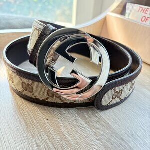 Gucci GG Monogram Canvas Belt w/ Silver Logo Buckle 85/34